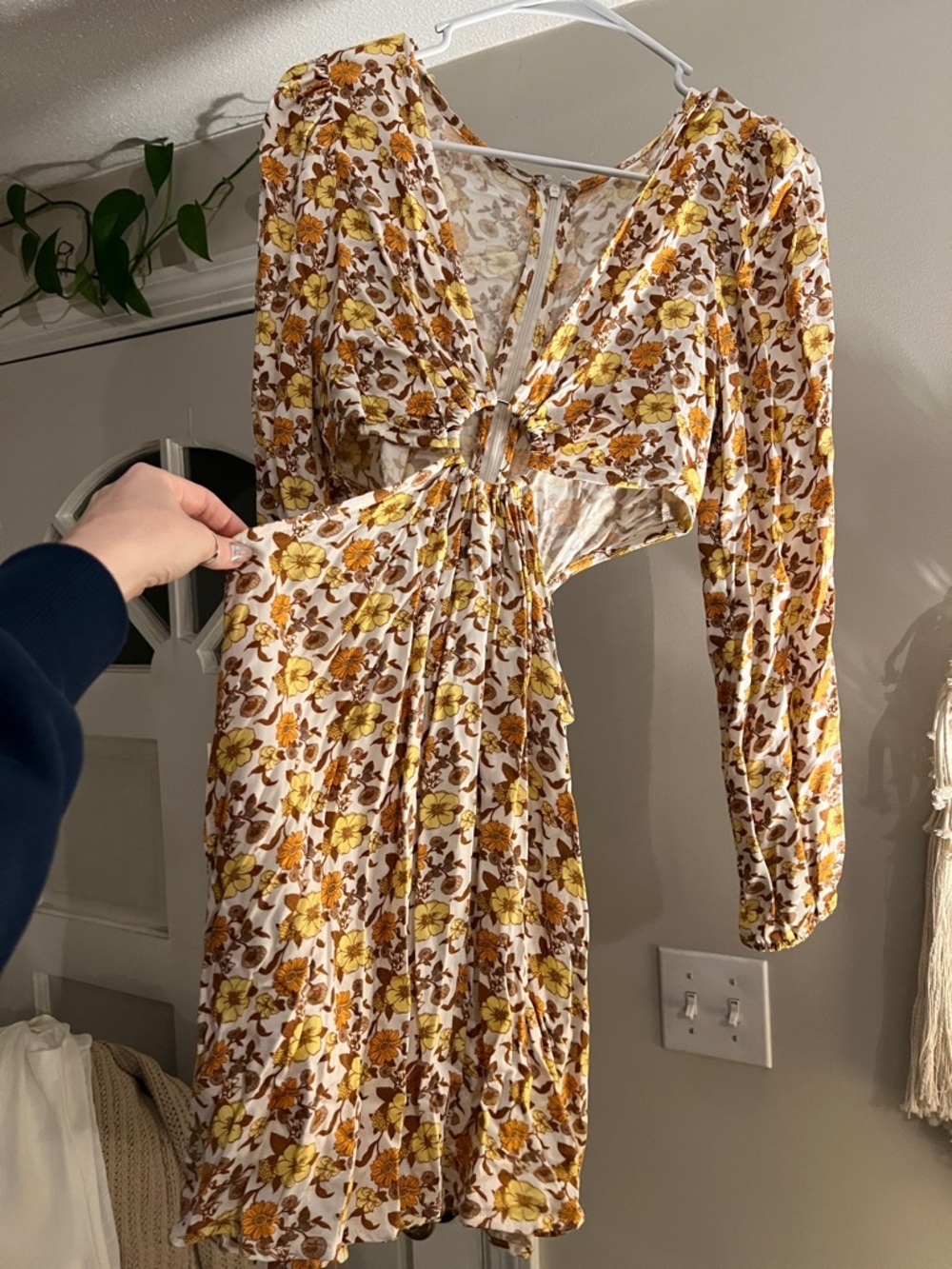 Floral Cutout Mini Dress - Yellow Brown Floral